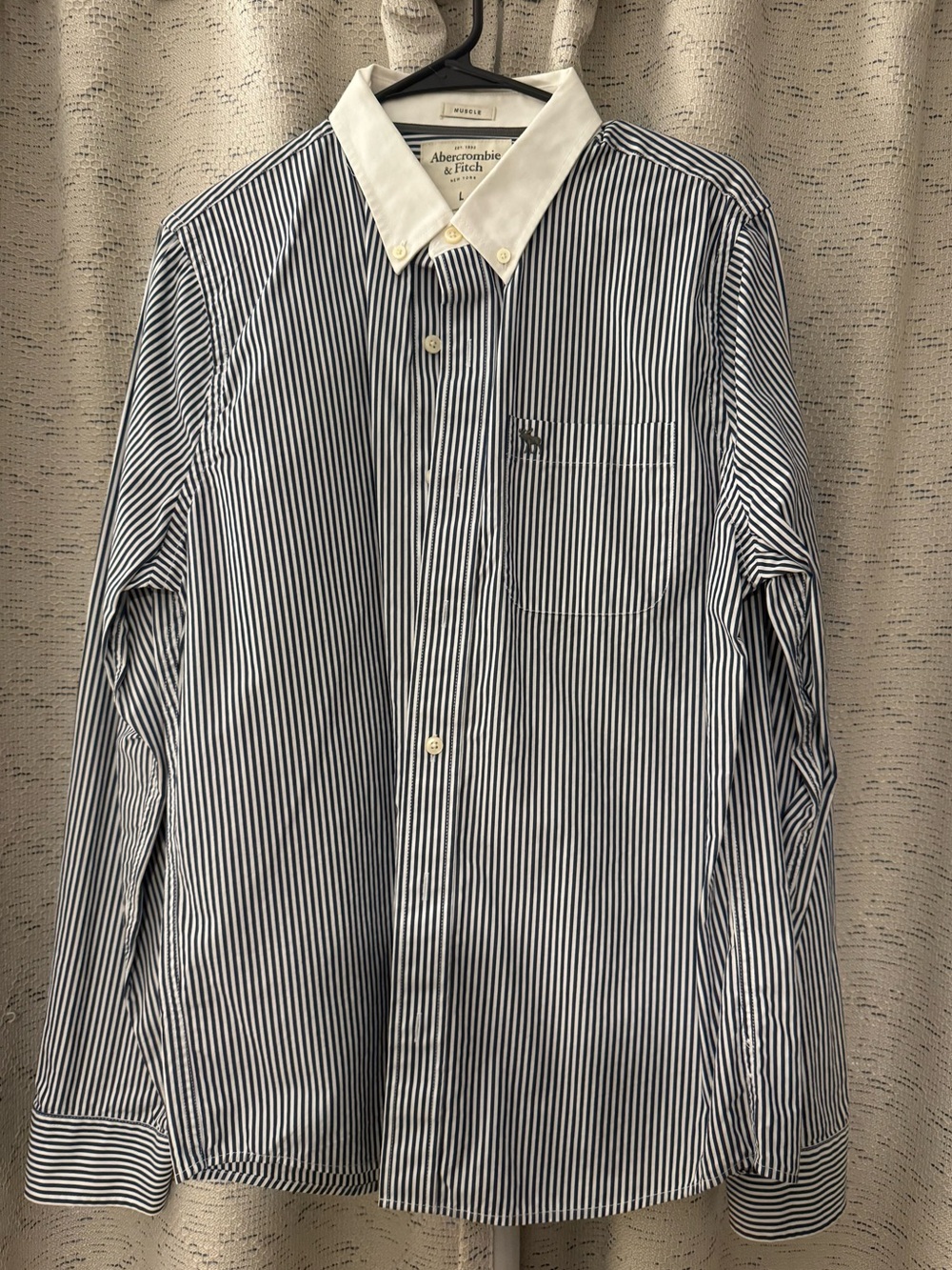 Abercrombie & Fitch Navy and White Striped Button-Down Shirt with White Collar